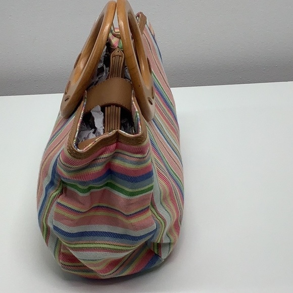 Fossil striped clothe handbag with wood handles Preowned - Picture 3 of 9